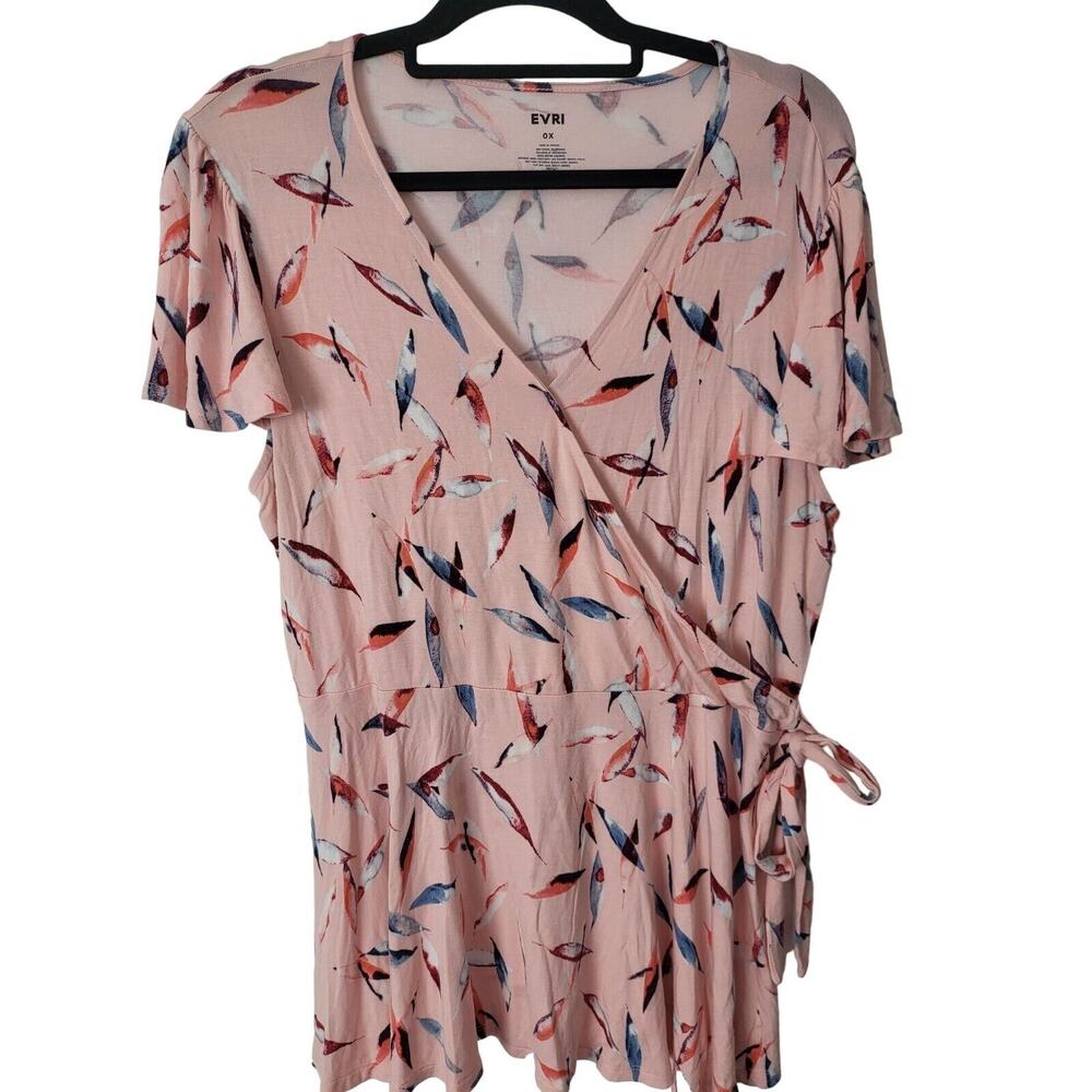Evri Top 0X Womens Plus Size Pink V Neck Cap Sleeve Ties Pullover Printed Blouse